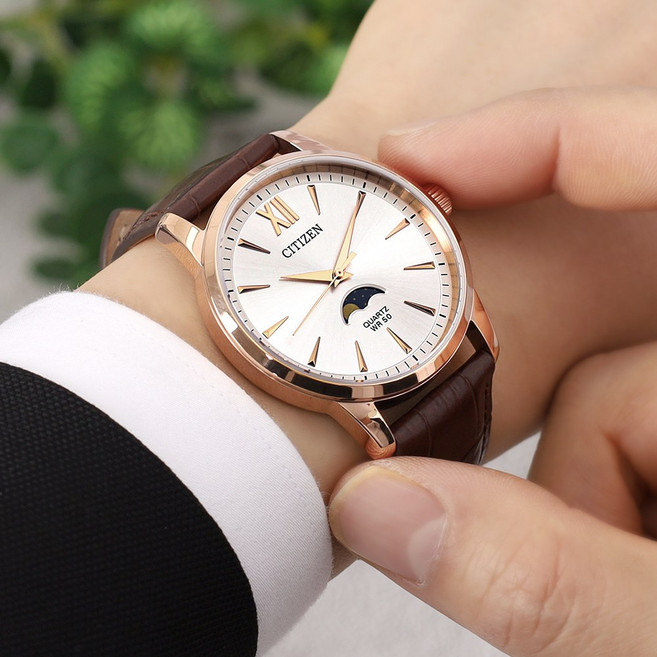 시티즌 문페이즈 클래식 라운드 캐쥬얼정장 5기압 방수 남자 가죽 아날로그 시계