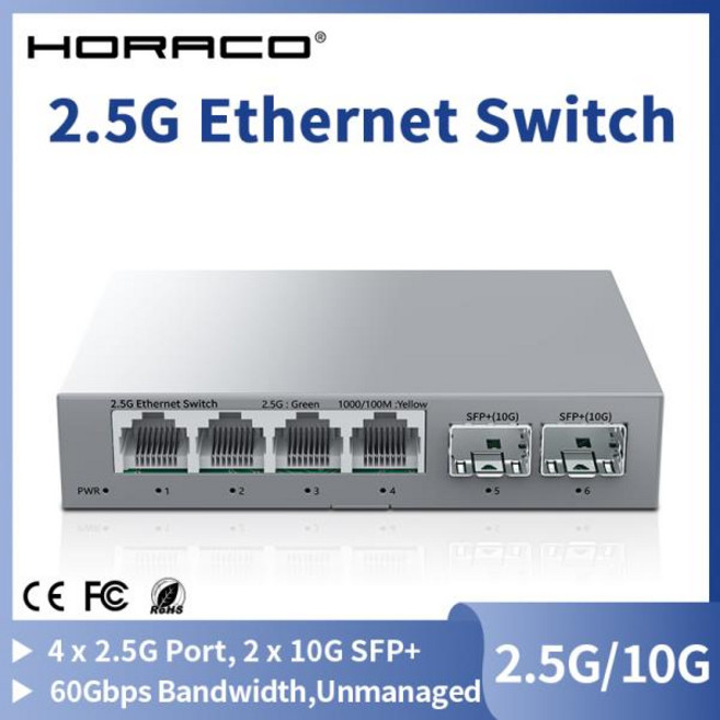 HORACO 2.5Gb 스위치 2.5GBASE-T 4포트 2.5G RJ45 및 2포트 10G SFP 팬리스 비관리형 플러그 앤 플레이 네트워크 스위치, 01 EU Adapter