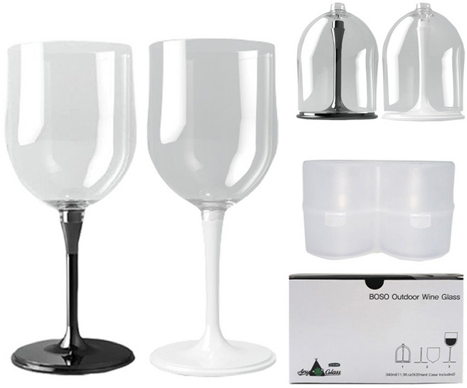 보소 프리미엄 커플 캠핑 와인잔 혼합컬러세트 안깨지는 휴대용 캠핑용 플라스틱 잔, 블랙+화이트, 1세트, 340ml