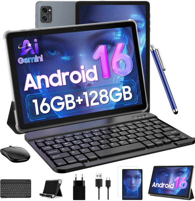 TABWEE 10인치 태블릿 최신 안드로이드 16 2026 최신 옥타코어 CPU 16GB + 128GB Widevine L1 태블릿pc 키보드 마우스 터치펜 세트, Wi-Fi, 회색
