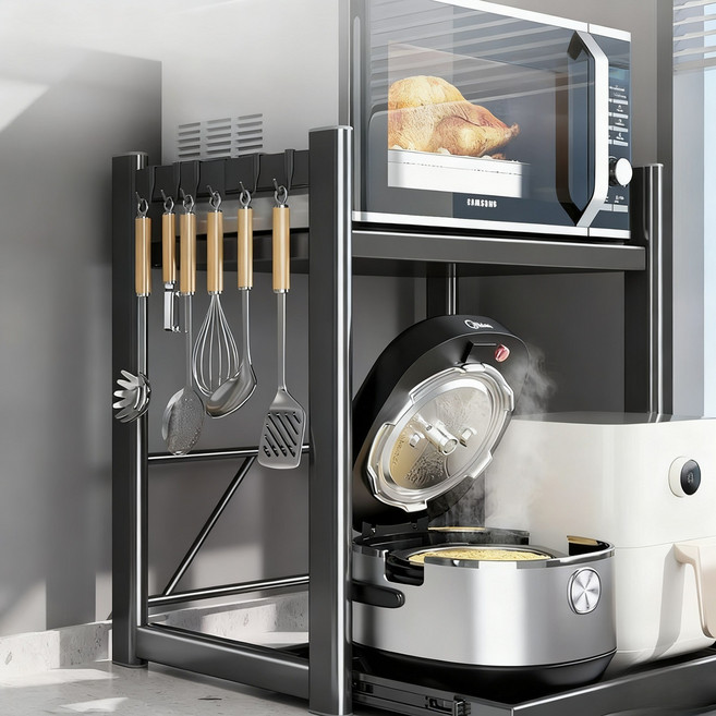 하이바다 주방 전자레인지 수납 서랍형 선반 + 후크걸이 6p 세트, 2단, 그레이+6개 후크걸이