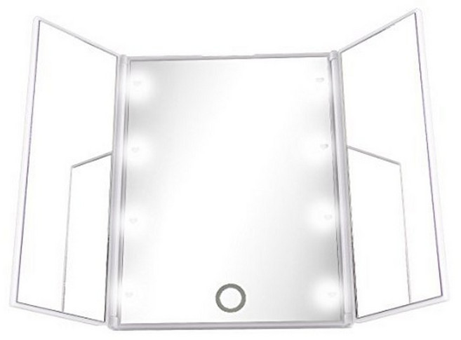 3단 접이식 거울 삼면경 화장대 LED 탁상 메이크업, 화이트 조명+조광