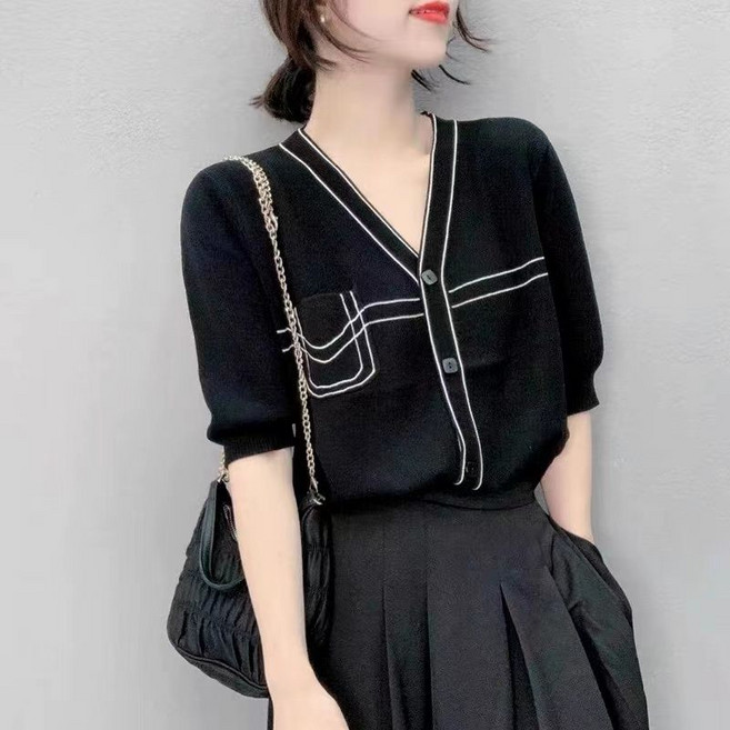 별후이 여성용 여름 브이넥 싱글 얇은 아이스 반팔 니트가디건0d7g07LL