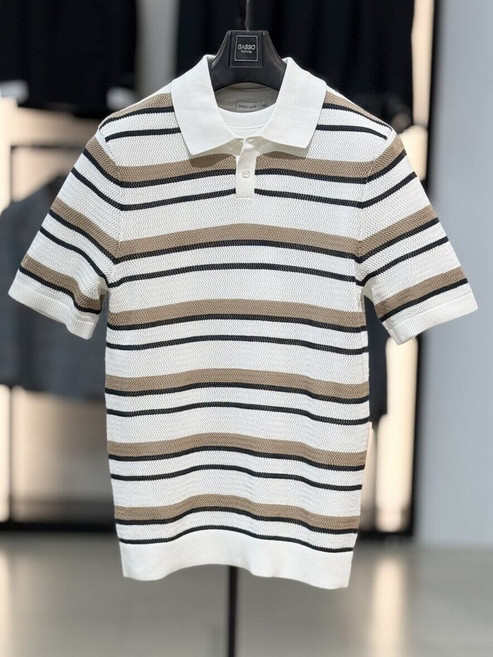 바쏘옴므 베이지 단가라 면 100% 카라 반팔 니트_SC