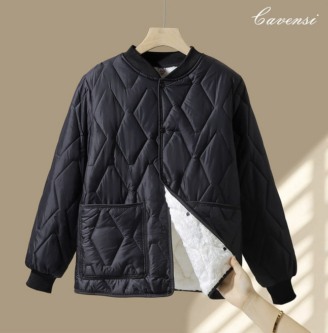 Cavensi 日系大尺碼加絨菱格外套 女款保暖外搭 M-4XL