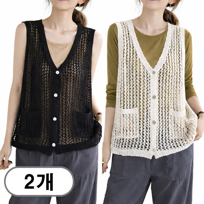 차쿠 1+1 봄 여름 여성 니트 조끼 중년 그물조끼 뱃살커버 엄마 조끼 빅사이즈