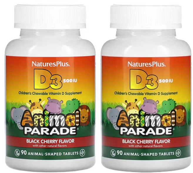 네이쳐스플러스 애니멀 퍼레이드 비타민 D3 블랙 체리 500 IU 90 동물 모양 정제, 90정, 2개 - 쿠팡
