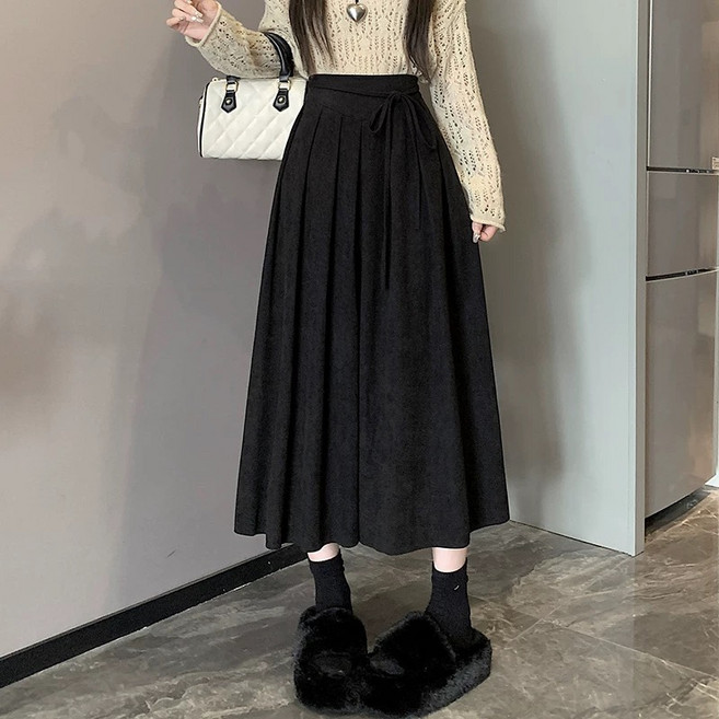 [리노브엠]골덴끈주름스커트 골덴롱스커트 주름치마 코듀로이 뒷밴딩