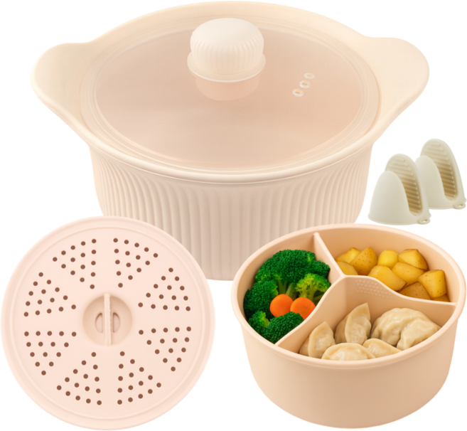 에트레 실리콘 대용량 찜기 세트 1250ml 칸막이 냄비 손잡이, 1세트, 피치베이지