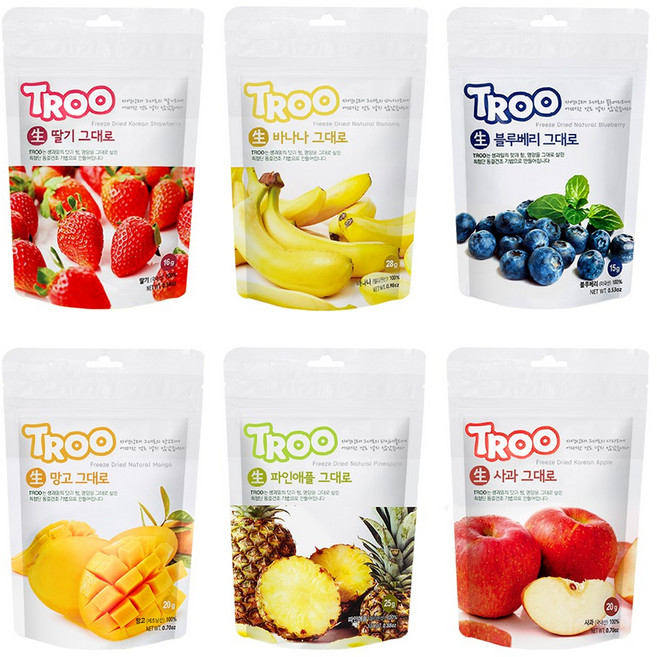 TROO 동결건조 과일칩 6종 딸기+블루베리+사과+바나나+파인애플+망고, 124g, 1세트