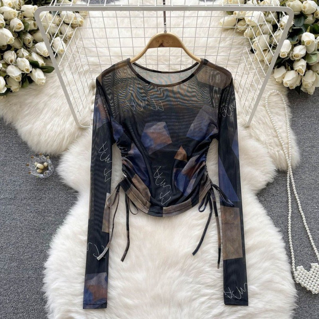 나염 망사 스트링 라운드 티셔츠 슬림 블라우스