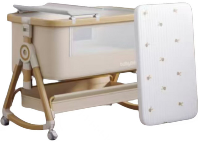 babybed 多功能嬰兒床，可拼接大床、搖籃模式、六檔高度調節、附蚊帳與置物籃, 木紋鋁-塵光漫染丨尊享款A【記憶棉墊+ins風牀笠】席枕套件
