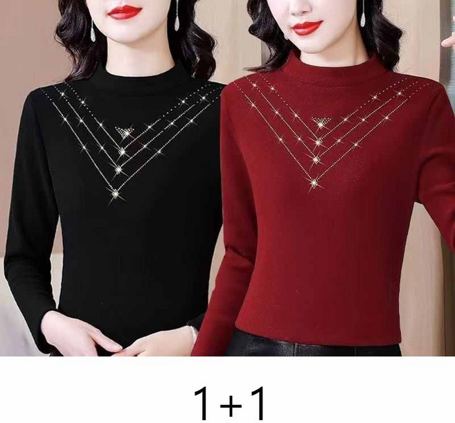 1+1 중년 여성 긴팔티 봄 가을 긴팔 반폴라 상의 스타일리시 하이넥 V형 장식 YLP