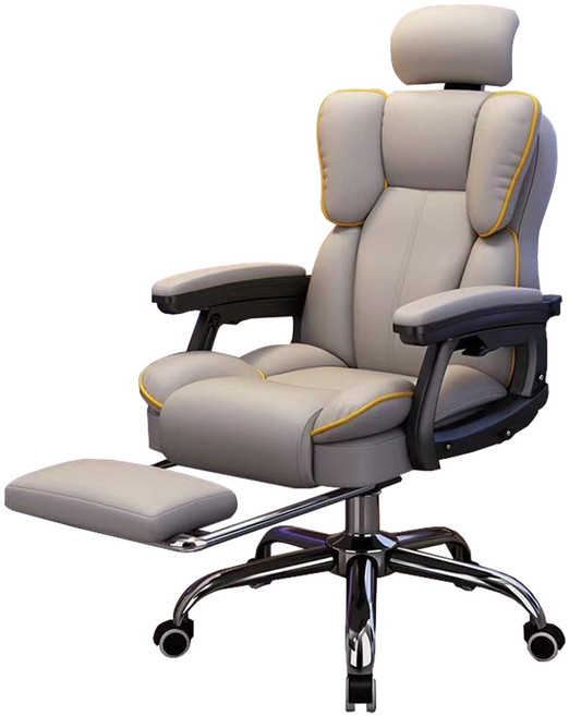 人體工學電腦椅 辦公電競椅 主管老闆椅, 灰色黃邊【帶腳踏+頭枕+可後仰】高彈坐墊