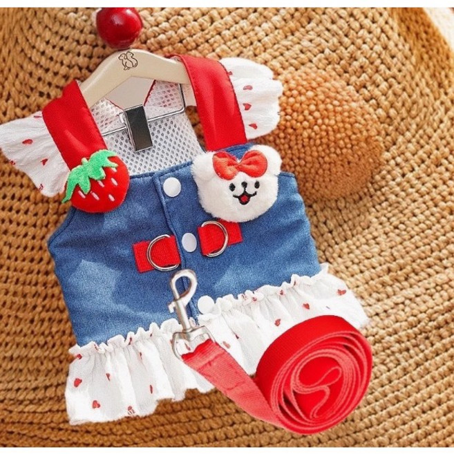 아티펫 반려동물 데님 딸기곰 하트레이스 하네스 + 로프, 1개, 진청