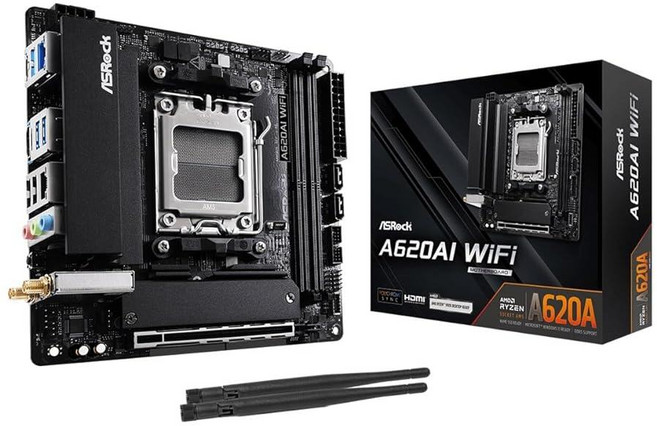 ASRock A620AI WiFi AMD AM5 Mini-ITX 마더보드 Ryzen 9000/8000/7000 시리즈 프로세서 지원 DDR5 8200+ (OC) PCIe, ASRock A620AI WiFi AMD AM5 Min