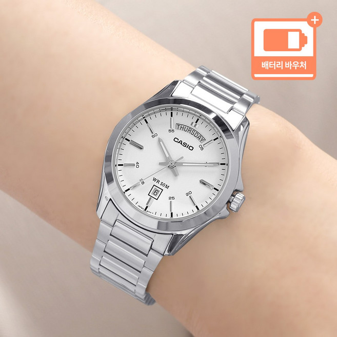 카시오 클래식 라운드 데이데이트 정장 남자 메탈 시계 + 배터리 바우처