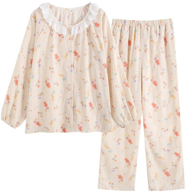 Soyoonlife라운드파자마 여성 거즈면 파자마 러블리 수면 긴팔 여름 얇은 홈웨어 상하세트 루즈핏 수면용