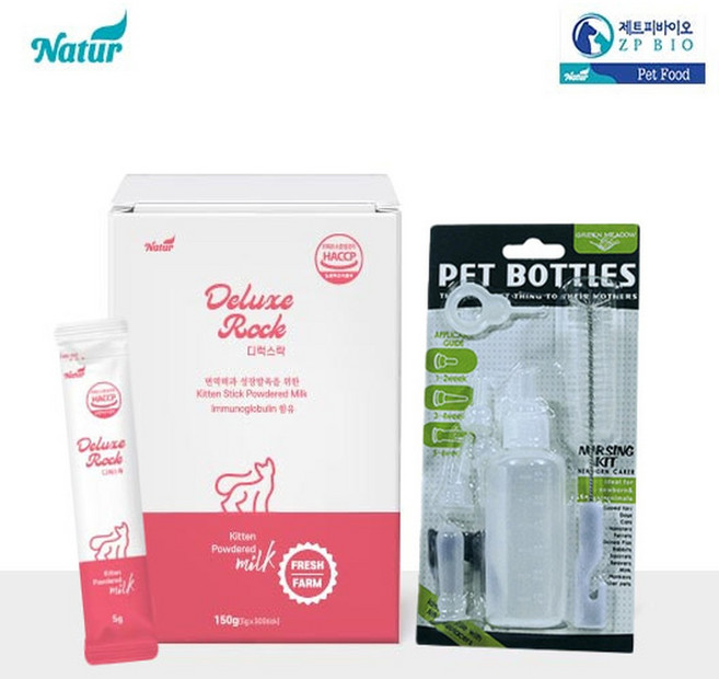 아기 새끼고양이분유 네이쳐 디럭스락 키튼300g(5g x 60개)+젖병1개 셋트 분유개별포장, 60개, 5g, 혼합맛