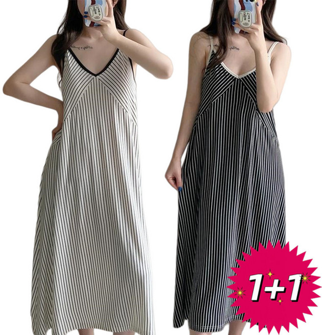 1+1 여성잠옷 잠옷원피스 파자마 브이넥 스트라이프 디자인 편안한 통기성 여름 데일리 홈웨어 ZBW26032704 40