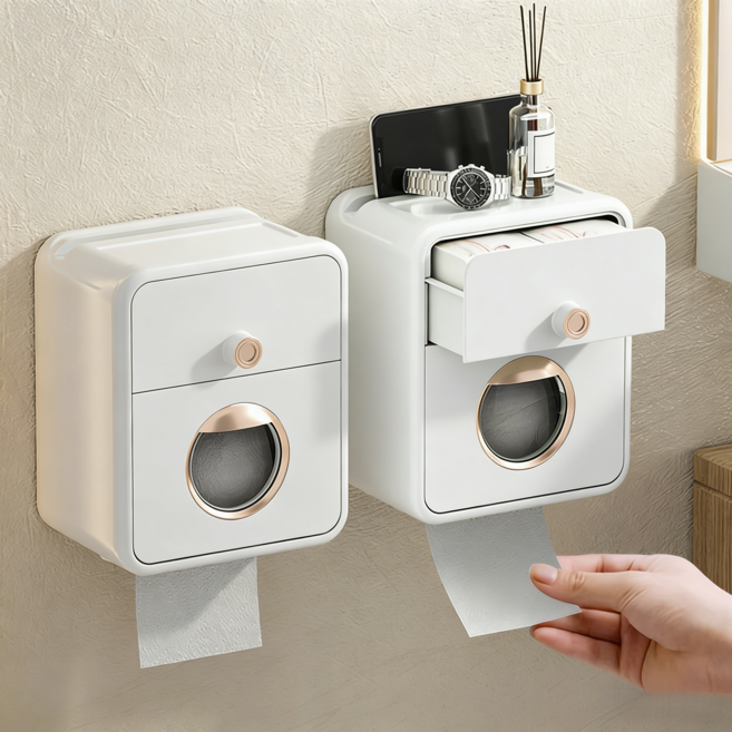 MeFun 벽걸이 화장실 휴지 케이스 펀칭 프리 방수 방진 화장실 수납함, 1개, 화이트