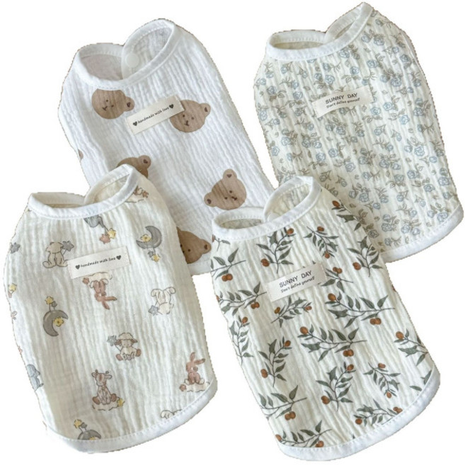 [하루마켓]여름の100% 순면 고양이 옷 민소매 가디건 거즈 귀여운 조끼 강아지 자외선 차단 조끼 얇은 방지 털빠짐, 블루 로즈, M