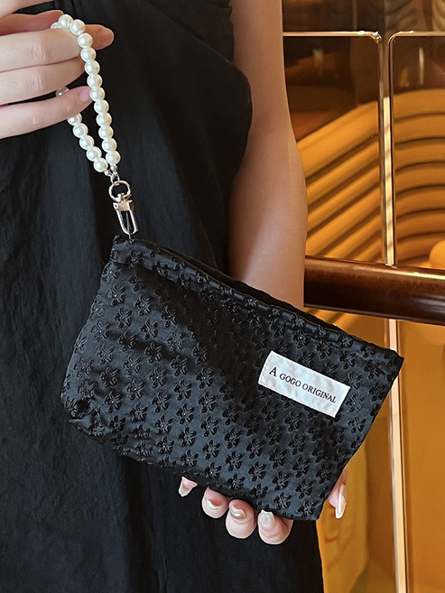 淑女甜美風化妝包手拎珍珠鏈條收納袋筆袋錢包手機包逛街小包手拎.小梅黑色默認顏色