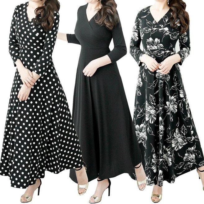 빅사이즈 랩스타일 브이넥 A라인 8부소매 긴팔 롱원피스 V넥 플레어원피스