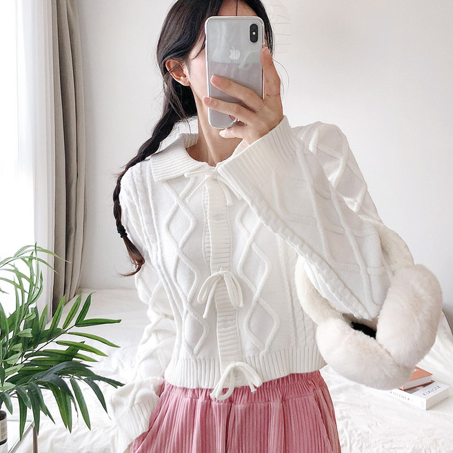 요시아나 [당일발송] 귀여운 리본 다이아몬드 패턴 크롭 니트 가디건