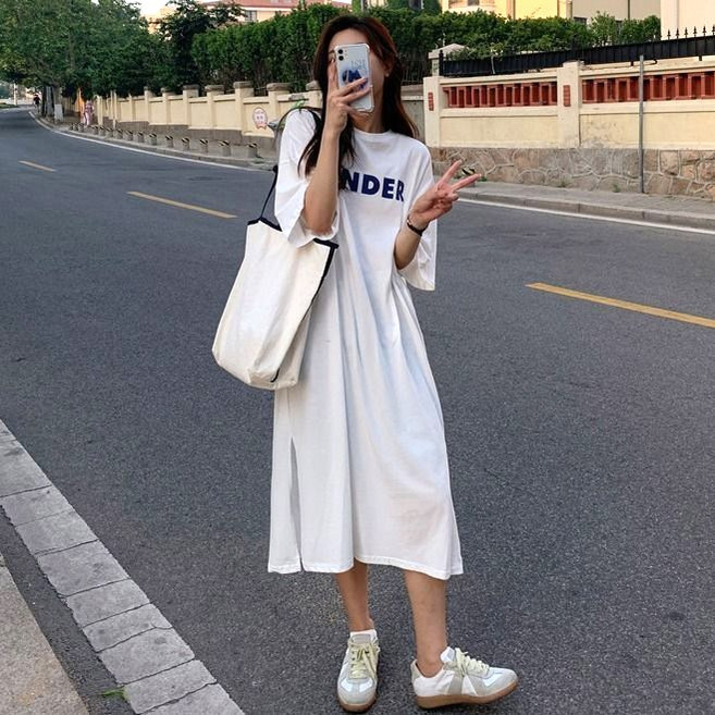 후암마켓 롱원피스 캐주얼 옆트임 레터링 루즈핏