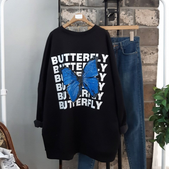 상상그이상 여성용 국내제작 기모 버터플라이 맨투맨 빅사이즈 롱티셔츠 레깅스 코디추천 유니크한 프린팅 포인트 가성비 좋은 가볍고 부드러운 따뜻한 겨울맨투맨