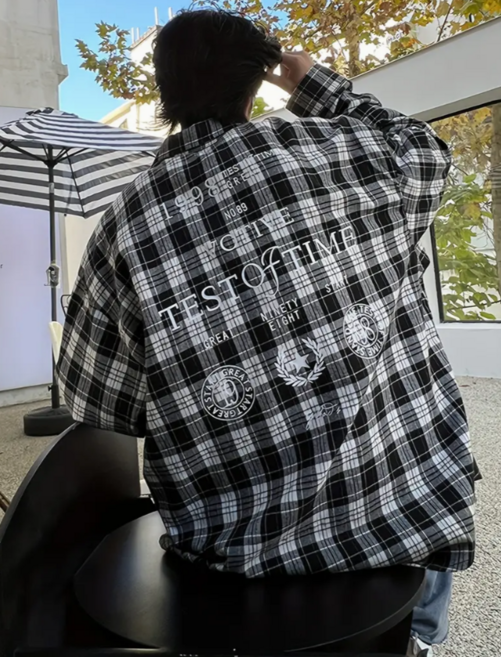 레터링 오버핏 체크셔츠