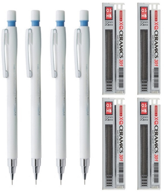 동아 XQ 세라믹2 샤프펜슬 0.5mm 수능샤프 랜덤, 화이트 4개+샤프심 4개 세트