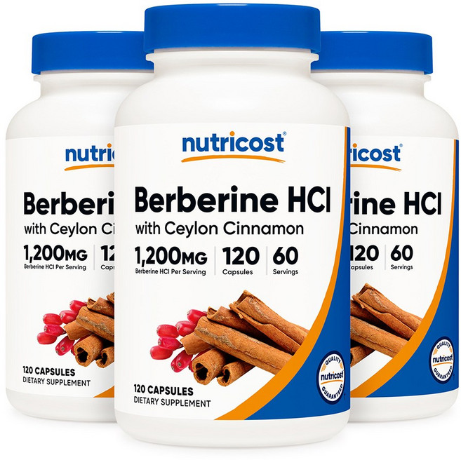 미국 뉴트리코스트 Nutricost Berberine HCl 베르베린 HCl 1200mg with 실론 시나몬, 120정, 3개