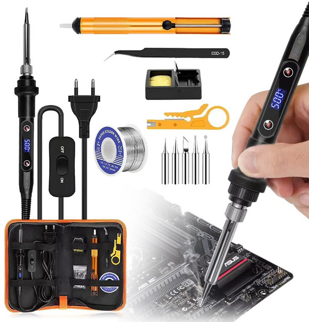 Nicshico 전기인두기 LCD 디지털 디스플레이 인두기 가방풀세트 220V 온도 조절 가능 인두기용품, 1세트, NC241212-AS