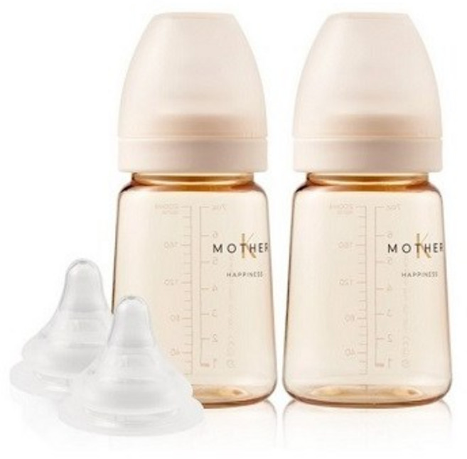 마더케이 베이직 PPSU 젖병 + 젖꼭지 1단계 트윈팩, 크림, 180ml, 1세트
