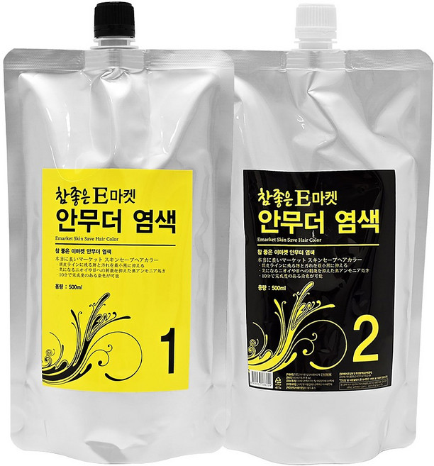 E마켓 새치 염색약 저자극 피부에 안묻는 셀프 흰머리 커버 150g 안무더염색 500ml+500ml, 1개, 블랙