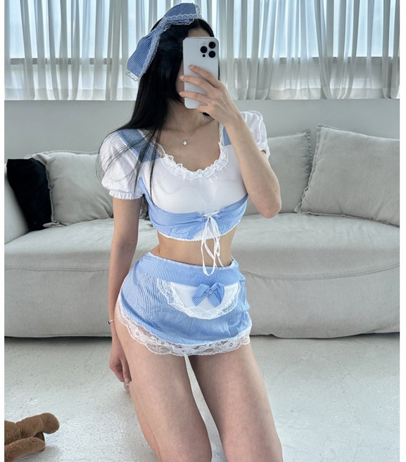 엠마인 하늘 하녀 메이드복 풀 세트 구성 섹시 코스프레 코스튬 할로윈 홀복