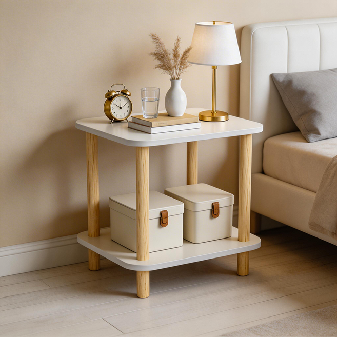 튼튼한 미니 사각 협탁 사이드 테이블 2단, 화이트 40x40x53cm