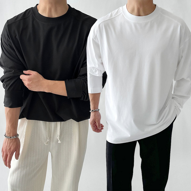 빠델 프리미엄 어깨넓어보이는 남자 오버핏 분또 스판 라운드 무지 긴팔 목안늘어나는 레이어드 흰티셔츠
