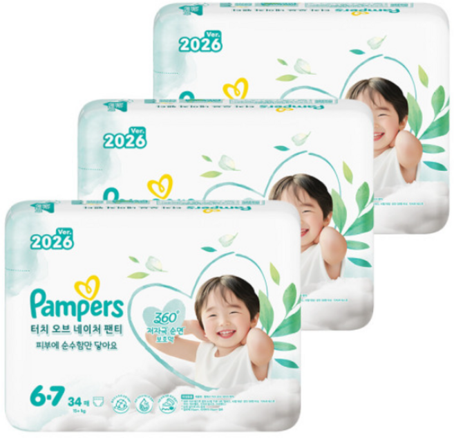 팸퍼스 2025 터치오브네이처 팬티형 기저귀 남여공용, 6단계, 102매