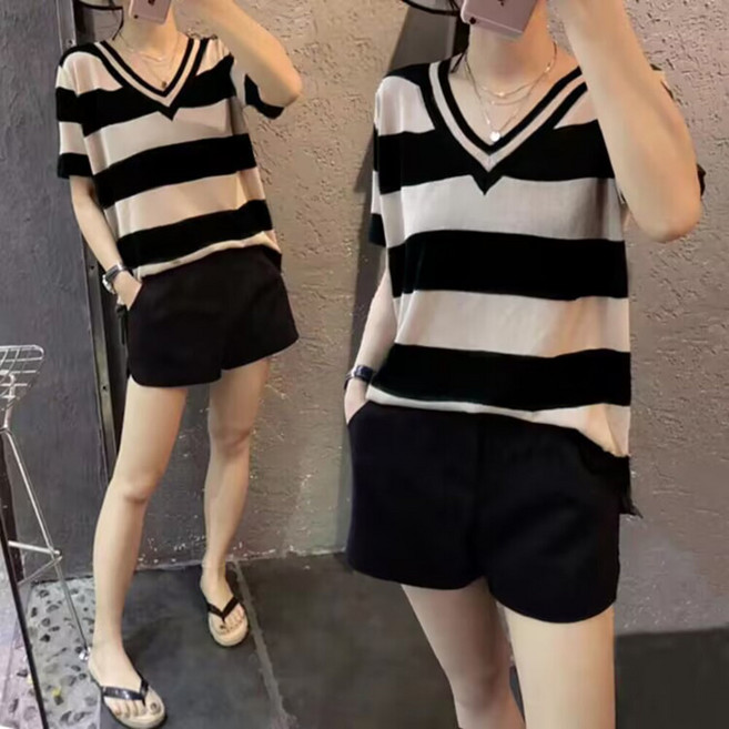 5CENT 條紋短袖T恤短褲套裝 女款休閒運動服飾
