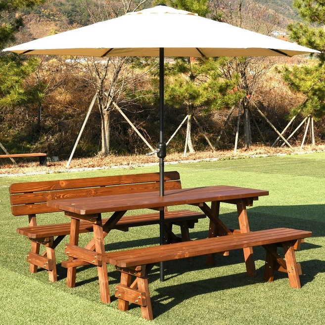 엉클트리 100% 통원목 야외 테이블 세트 (강력 볼트체결 구조), (등평)4인용 한쪽 등받이 2회도색(월넛색)