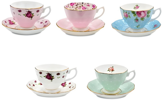 로얄알버트 뉴황실장미 1인조 커피잔 + 소서 5종 세트, 핑크 + 로즈컨페티 + 폴카로즈 + 폴카블루 + 화이트, 1세트