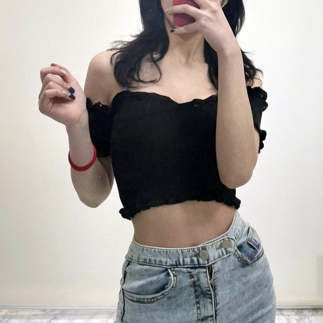 VANANA2 여성 오프숄더 프릴 투웨이 니트 반팔