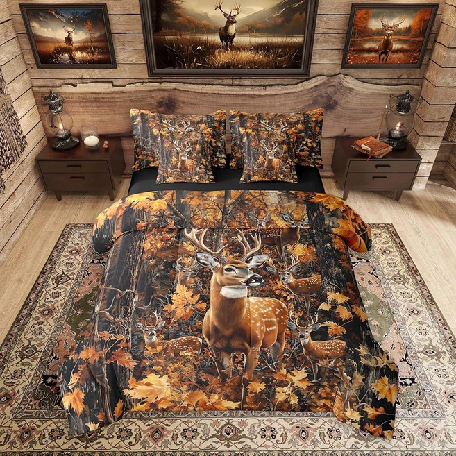 Feelyou Deer Hunting Comforter Set with Sheets 7 Piece Twin Size Camouflage Bedding Set for Kids B