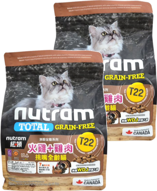 Nutram 紐頓 無穀全能系列 T22 挑嘴全齡貓乾飼料, 2袋