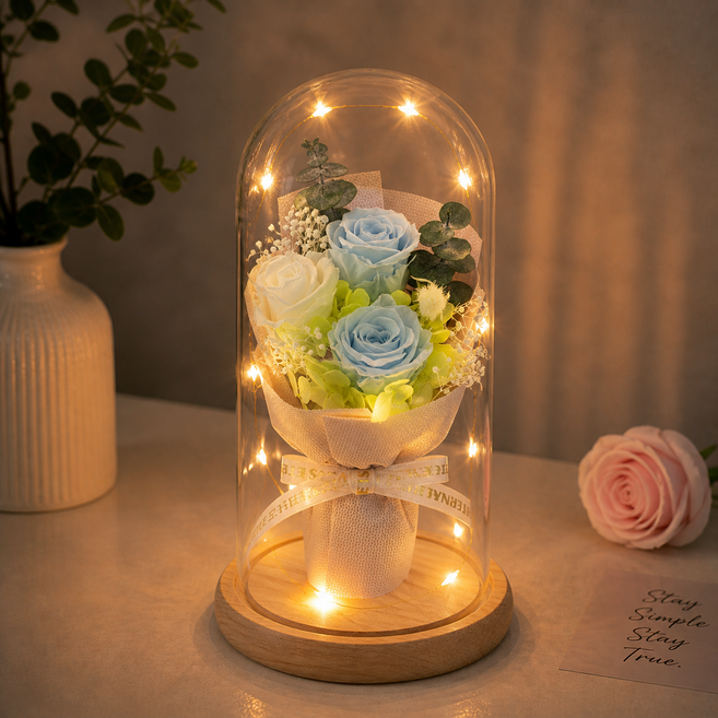 고급스러운 생화 프리저브드 장미 꽃다발 유리돔 무드등 LED 선물 건전지 포함, 블루 드림