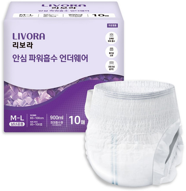 리보라 남녀공용 안심 파워흡수 언더웨어 팬티형 요실금 성인용 기저귀, 중형, 10매입, 6개