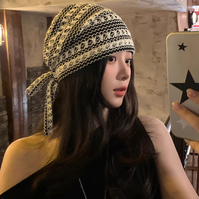 헤네스 여성 코바늘 보넷 니트 비니 모자 헤어 두건 반다나 스트랩 여행 레트로 카페룩